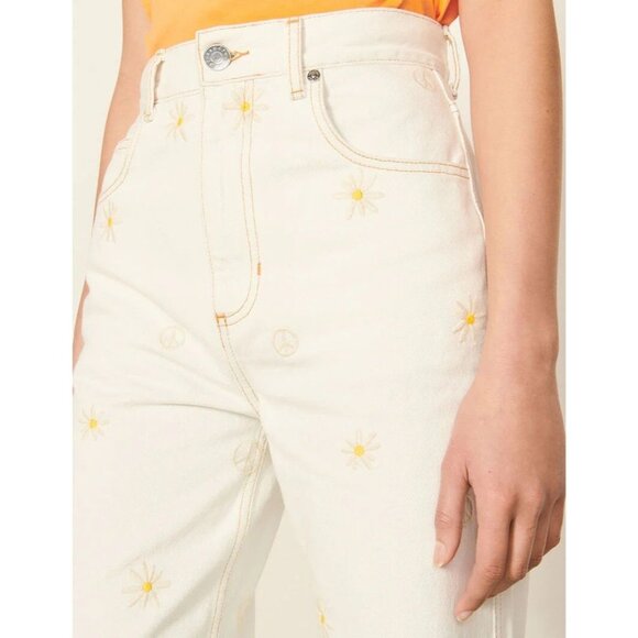 SANDRO Cyriaque White Embroidered Daisy Floral Wide Leg Jeans, Size 36/4/S - Picture 5 of 16
